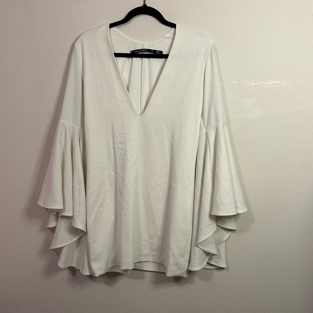 Backstage White Deep V-neck Bell Sleeve Mini Dress